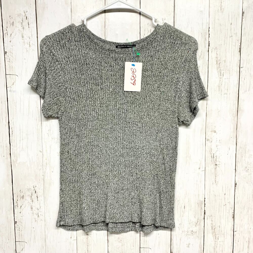 Brandy Melville Top Women One Size Gray Ribbed Knit Crewneck Short Sleeve Blouse